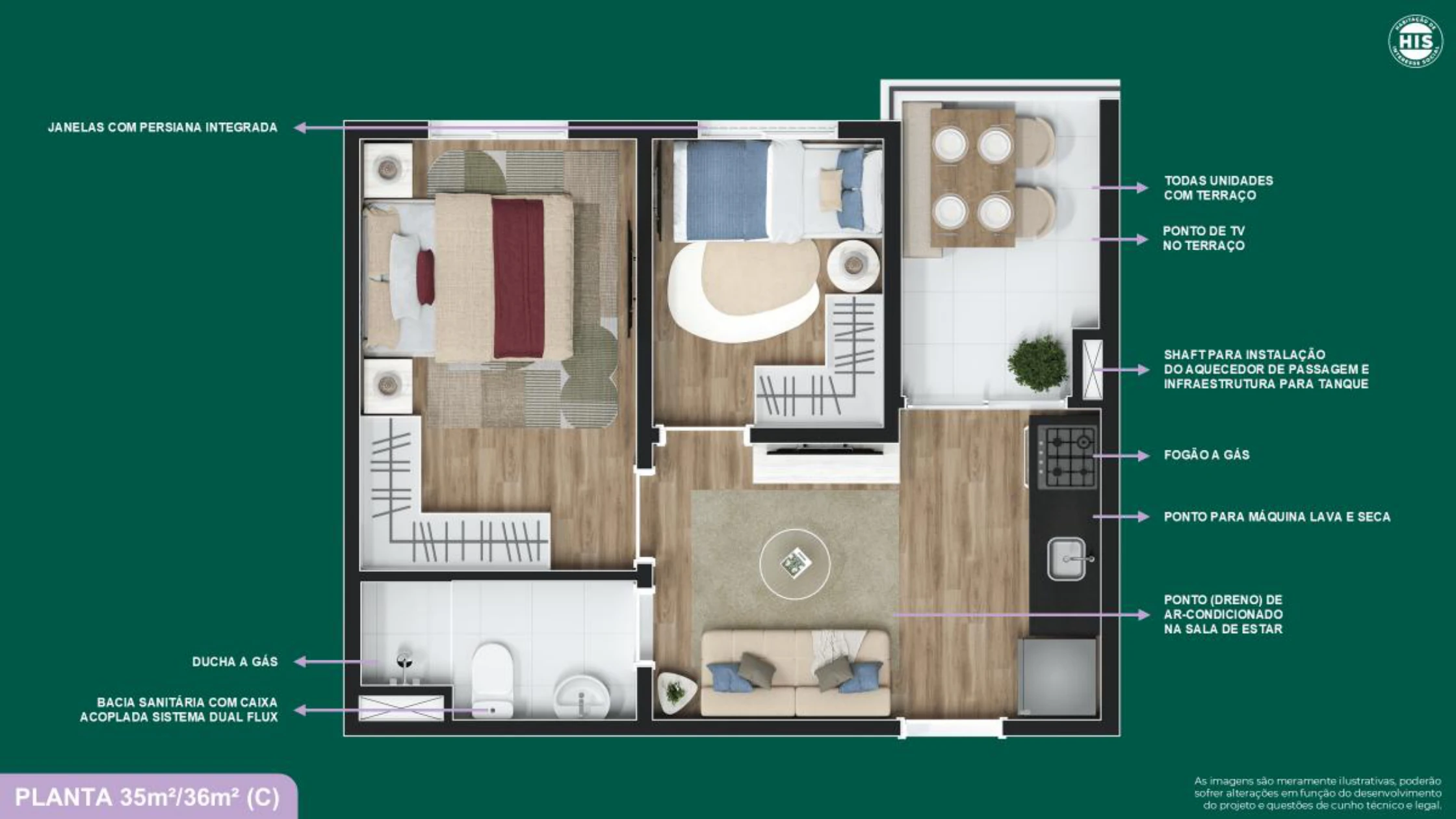 Planta 35/36 m² (C) — 2 dormitórios