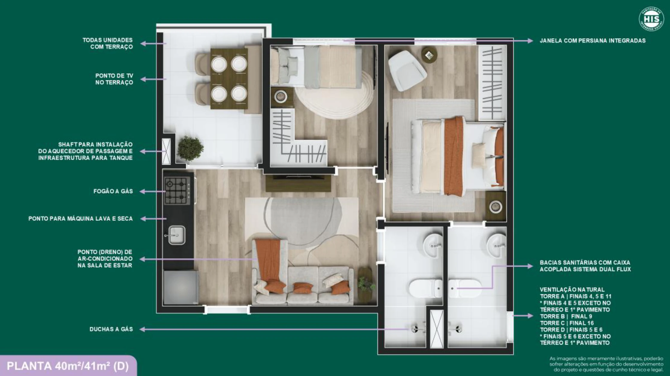 Planta 40/41 m² (D) — 2 dormitórios com suíte