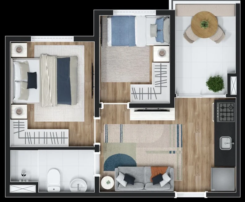 Planta 34 m² (B) — 2 dormitórios