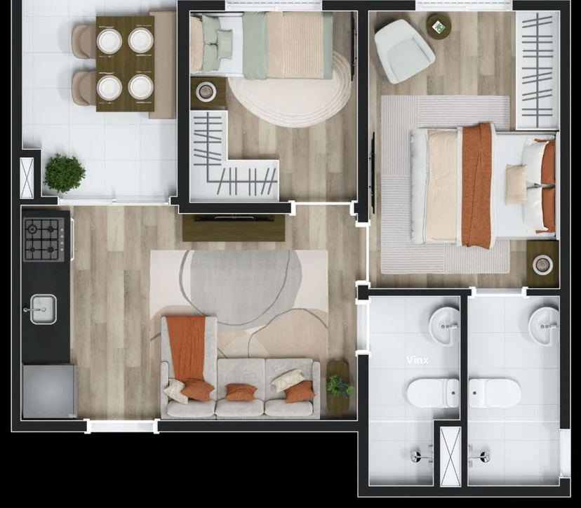 Planta 40/41 m² (D) — 2 dormitórios com suíte